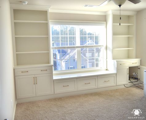 One Room Challenge- Week 2: The Office Built-Ins are Installed! | Kelley Nan Built In Using Ikea Cabinets, Built In Shelves In Playroom, Book Shelf In Office Room, Kitchen Storage Unit, Bedroom Built Ins, Kitchen Storage Units, Window Seat Design, Window Seat Storage, Office Built Ins