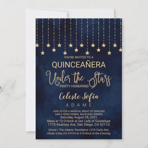 Under the Stars Navy Blue Gold Sparkle Quinceañera Invitation | Zazzle.com Outside Party, Watercolor Night Sky, Quinceañera Invitation, Sweet 16 Themes, Hanging Stars, Sweet 16 Birthday Party, Sweet Sixteen Birthday, Sweet 16 Invitations, Star Party