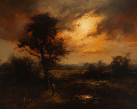 Romantic Artwork Paintings, Dark Nature Painting, Fall Aesthetic Painting, Dark Oil Painting, Painting Mood, Moody Painting, Oil Painting Background, Dark Landscape, Art Painting Gallery