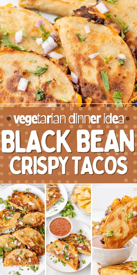 Crispy Black Bean Tacos are vegetarian tacos with a smashed black bean filling, seasonings, and fresh garlic, and pan fried to golden brown and crispy perfection inside a corn tortilla. Vegetarian Tacos Recipes Black Beans, Healthy Refried Beans Recipe, Bean Tacos Recipes, Black Beans Tacos, Quick Taco Recipes, Black Bean Refried Beans, Crispy Black Bean Tacos, Crispy Black Bean, Crunchy Tacos