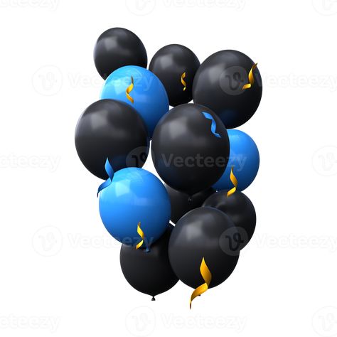 Bouquet of black and blue balloons and gold ribbons, serpentine, confetti. 3d render. Blue And Black Balloons, Black Balloons, Blue Balloons, Gold Ribbons, 3d Render, Confetti, Blue Black, Royalty, Balloons