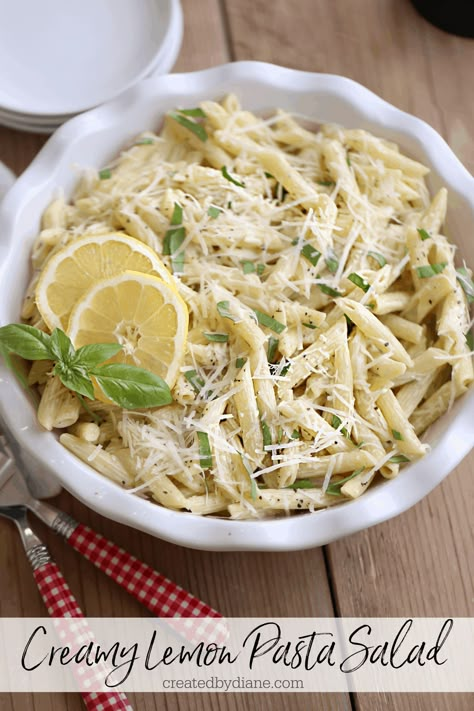 creamy lemon pasta salad recipe from createdbydiane.com Garlic Pasta Salad, Lemon Pasta Salad, Lemon Pasta Salads, Creamy Pasta Salad Recipe, Salad Options, Creamy Lemon Pasta, Noodle Salad Cold, Lemon Chicken Pasta, Lemon Garlic Pasta