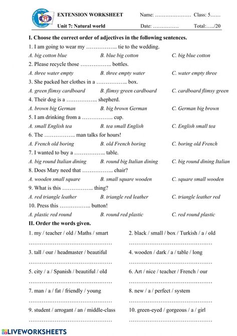 Order of adjectives online worksheet for Grade 5. You can do the exercises online or download the worksheet as pdf. Kinds Of Adjectives Worksheet 4th Grade, Worksheet On Adjectives Class 5, Gradable And Non Gradable Adjectives Worksheet, Antonyms Worksheet For Grade 5, Grade 5 Vocabulary Worksheets, Adjectives Worksheet Grade 5, Grammar Worksheets Grade 5, Order Of Adjectives Worksheet, Grade 5 Worksheets