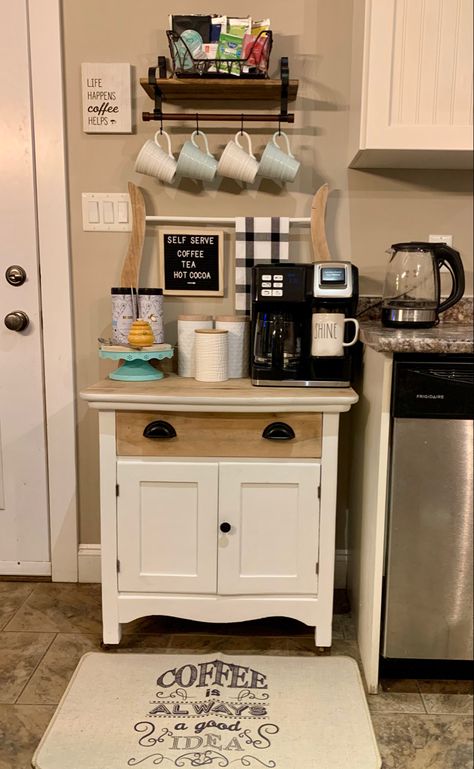 Created using an antique wash stand Wash Stand Coffee Bar Ideas, How To Decorate Antique Washstand, Antique Wash Stand Repurposed, Wash Stand Makeover, Keurig Station, Coffee Tea Station, Antique Wash Stand, Shed Tiny Home, Wash Station