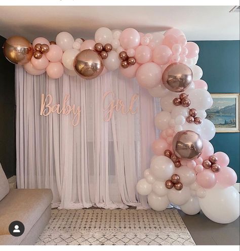 Balloon Arch Curtain Backdrop, Ballon Arch Decor, Sheer Curtain Backdrop With Balloons, Baby Shower Theme Decorations For Girl, Balloon Arch Picture Backdrop, Back Drop With Ballons, Pink And Gold Balloon Arch Backdrop, Balloon Arch With Fabric, Backdrop With Curtains And Balloons