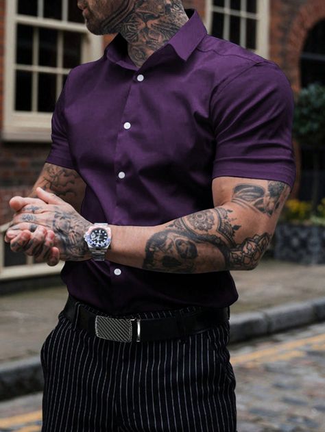 Men Fashion Solid Color Casual Short Sleeve Shirt Purple Casual  Short Sleeve Fabric Plain Shirt Non-Stretch  Men Clothing, size features are:Bust: ,Length: ,Sleeve Length: Purple Male Outfit, Purple Shirt Outfit Men Casual, Purple Shirt Men, Satin Short Sleeve Shirt, Purple Shirt Outfits, Light Purple Shirt, Blue Pants Men, Hoco Inspo, Satin Short Sleeve