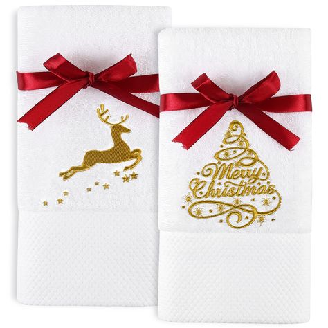 PRICES MAY VARY. 【HANDMADE CHRISTMAS DESIGN】 our towels are white, bright and lovely; the first white towel is printed with embroidered Reindeer, the second white one is printed with embroidered "Christmas tree ". Each towel comes with a red bow,they are very delicate and can enhance the Christmas atmosphere. 【HIGH-QUALITY MATERIALS】 Pure 100% Cotton. These Cotton Terry Towels are highly absorbent and long lasting. Woven from 100% natural cotton, it has enhanced absorbency; soothing and more dur Christmas Hand Towels, Diy Towels, Christmas Atmosphere, Embroidered Christmas, Towel Crafts, Christmas Towels, Cotton Hand Towels, Bathroom Set, Screenprinting