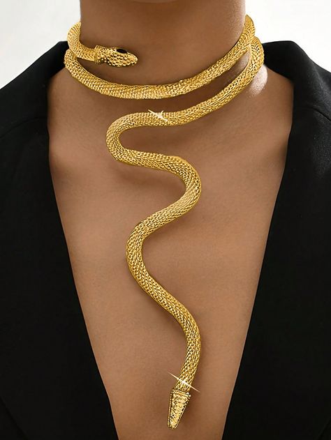 1pc Fashionable Exaggerated Snake Mesh Collar Necklace With Adjustable Fit Gold    Zinc Alloy     Women Fashion Jewelry, size features are:Bust: ,Length: ,Sleeve Length: Chocker Gold Neckless, Snake Inspired Fashion, Gold Snake Jewelry, Golden Snake, Womens Chokers, Snake Jewelry, Snake Necklace, Gold Collar, Neck Piece