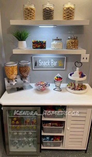 Snack Shelf Ideas, Office Snack Station Ideas, Office Snack Bar, Snack Bar Design, Snack Bar Ideas Home, Snack Bar Ideas, Hangout Room, Movie Room Decor, Snack Organizer