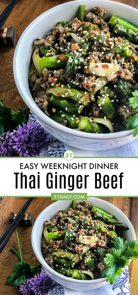 A 30-minute rework of the classic Ginger Beef, this Thai Ginger Beef recipe uses ground beef, and adds asparagus and Thai chilis for a delicious but super easy midweek meal. Thai Ginger Beef: a Simple and Easy Weeknight Meal | 31Daily.com #easyrecipes #easydinner #31Daily Ginger Beef Recipe, Ginger Beef, Meat Appetizers, Cooking Recipes Healthy, Asian Inspired Recipes, Asian Fusion, Beef Recipe, Asparagus Recipe, Beef Dinner