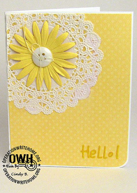 Doily Cards Handmade, Cards With Doilies, Hello Cards Handmade, Doily Cards, Yellow Card, Yellow Cards, Daisy Cards, Lace Doily, Pretty Yellow