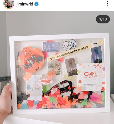 Kpop Frame Ideas, Concert Frame Ideas, Concert Shadow Box Ideas Kpop, Concert Confetti Display Ideas, Concert Memorabilia Display, Concert Ticket Display, Concert Freebies, Bts Concert Tickets, Ticket Display