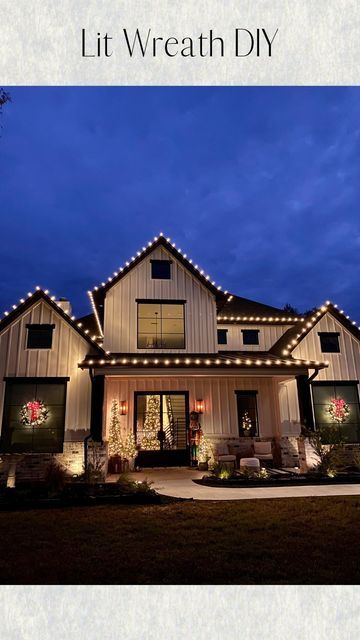 Amber Vestal | Modern Home decor | New Build on Instagram: "SAVE this for your husband’s next chore 😘😂Affordable outdoor light up wreaths for a fraction of the cost of those big LED ones. I used cheap Walmart wreaths, twinkle lights, and $14 light up bows. Giant suction cups to hold the wreaths on the windows. Because the bows were plug in, I ran extension cords up the windows and used command clamps to hold the cord in place. You don’t even notice the cords, honestly! #homefortheholidays #chr C7 Christmas Lights On House, Walmart Wreaths, Wreaths On Windows, C7 Christmas Lights, Lighted Wreath, Lighted Wreaths, Christmas House Lights, Extension Cords, Dormer Windows