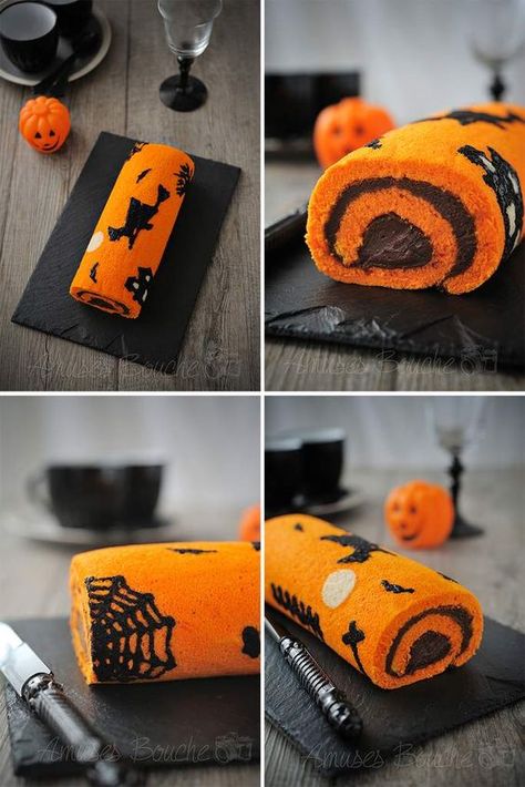 Pasteles Halloween, Dessert Halloween, Postres Halloween, Bricolage Halloween, Dulces Halloween, Swiss Roll Cake, Halloween Fest, Halloween Party Snacks, Halloween Pumpkins Painted