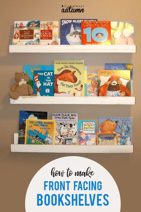 How to make front facing bookshelves to store and display books in a kid's room! DIY kids bookshelves. #bookshelves Front Facing Bookshelf, Diy Bookshelf Kids, Book Typography, Bookshelf Diy, Hide Tv, Homeschool Space, Ikea Craft Room, Handmade Cards Diy, Easy Holidays Crafts