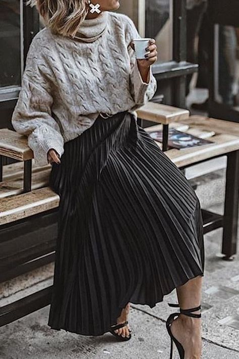 9aa42b31882ec039965f3c4923ce901bdesc52251575ri Grey Pullover Outfit, Black Skirt Outfits, Pleated Skirt Outfit, Leather Skirt Outfit, Look Adidas, Leather Pleated Skirt, Winter Skirt Outfit, Black Pleated Skirt, Women Skirt