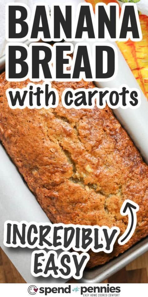 Indulge in the goodness of fluffy, moist banana carrot bread, loaded with healthy ingredients. Grated carrots, bananas, walnuts, and coconut combine for a tasty treat. Enjoy it for breakfast, snack time, or dessert! It will make you office coffee break extra special, or bring a smile when the kids open their lunchboxes. #bananacarrotbread #bananacarrotbreadrecipe #spendwithpennies #easybananacarrotbread Banana Carrot Recipes, Carrot And Banana Bread, Carrot Bread Recipe Moist, Carrot Bread Healthy, Bana Bread Recipe, Carrot Banana Bread, Banana Carrot Bread, Carrot Bread Recipe, Oatmeal Banana Bread