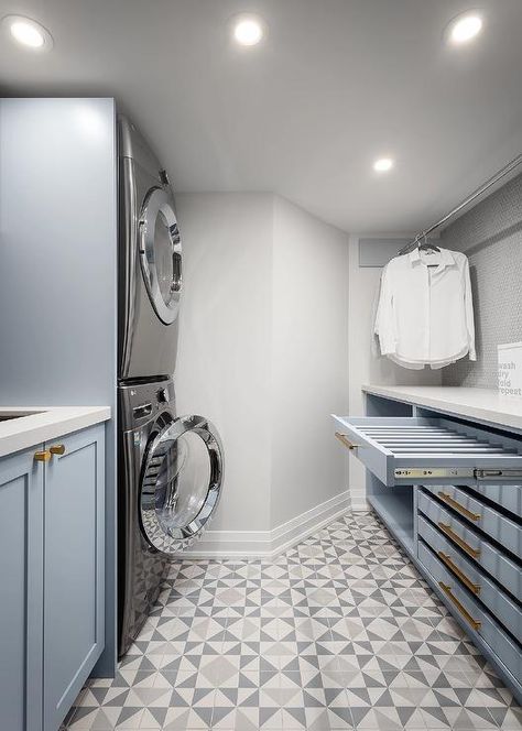 Soft Blue Laundry Room Cabinets with Pull Out Drying Rack - Transitional - Laundry Room Blue Laundry Room, Rack Design Ideas, Blue Powder Rooms, Flat Front Cabinets, Purple Cabinets, Transitional Laundry Room, White Upper Cabinets, Narrow Laundry Room, Mosaic Floor Tiles