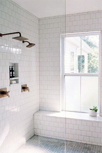 It would be nice to have a placce to sit and look out. The second floor bathroom is the only place looking to the backyard. Shower Windows Ideas, Cramped Apartment, Spa In Casa, Compact Room, Tile Walls, Bilik Idaman, Window In Shower, Bathroom Windows, Bad Design