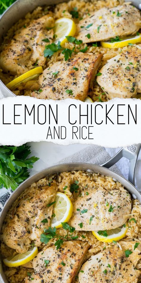 This quick and easy lemon chicken and rice skillet comes together in minutes using basic ingredients for a light and tasty spring dinner! Lemon Chicken And Rice, Chicken Rice Skillet, Lemon Chicken Rice, Bbq Chicken Pasta, Lemon Butter Chicken, Rice Skillet, Pepper Seasoning, Chicken Skillet, Lemon Rice