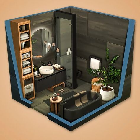 Sims 4 Mm Bathroom, Modern Sims 4 Interior, 3x3 Sims Bathroom, The Sims 4 Dining Room Ideas, Sims Modern Interior, Black Sims House, Sims 4 Fancy Bathroom, Sims 4 Bathroom Build, Modern Sims 4 House Interior