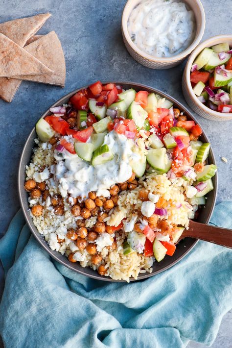 roasted greek chickpeas & orzo bowl | cait's plate Orzo Bowl, Greek Bowl, Greek Chickpeas, How To Cook Orzo, Healthy Plates, Eating Plan, Roasted Chickpeas, Mediterranean Diet Recipes, Meatless Meals