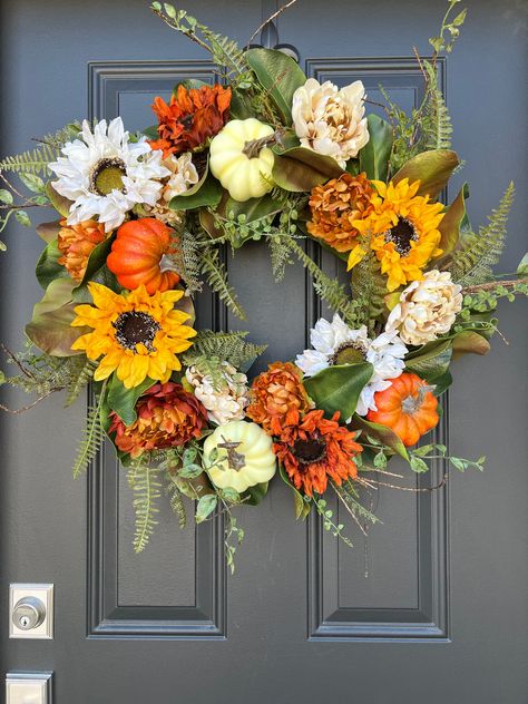 Ivory Peonies, Florist Ideas, Wreath For Fall, Wreath Accessories, Autumnal Equinox, Autumn Wreaths For Front Door, Fall Gathering, Fall Door Decorations, Faux Pumpkins