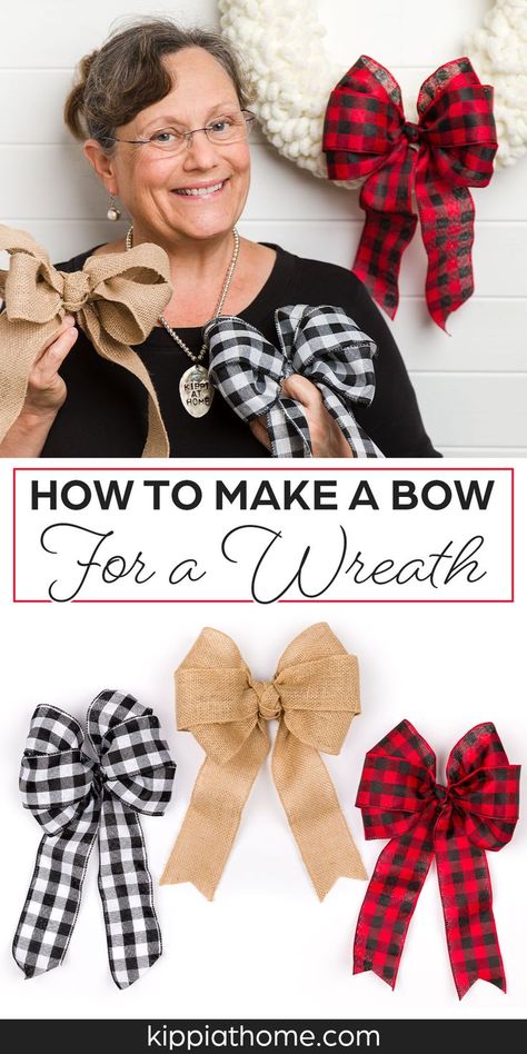 Three handmade ribbon bows, burlap, black and white check and red and black check ribbon Making Bows For Wreaths, How To Make A Ribbon Bow, Diy Cornhole, Easy Bow, Christmas Bows Diy, Bow Maker, Bow Diy, Christmas Wreath Bows, Homemade Bows