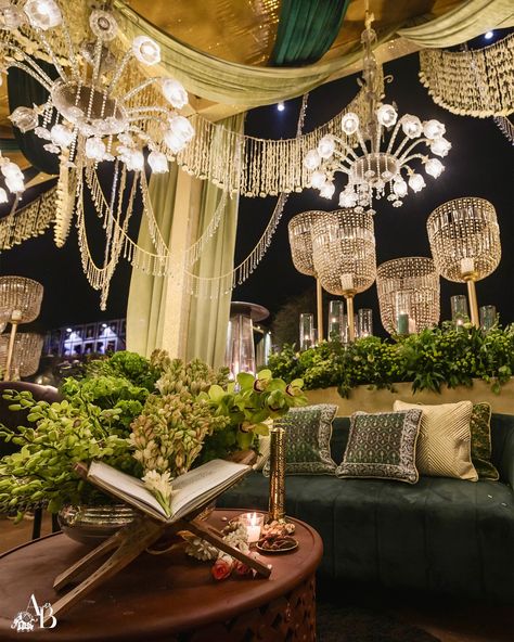 The soft glow of a green chandelier illuminates the space, setting the tone for a soulful Sufi evening. Guests unwind in the intimate lounge, surrounded by intricate floral details that bring life to every corner. Mogra blossoms and sparkling crystals lend a magical touch, creating an atmosphere of peace and beauty. “Nights Of Noor” For Ishaan and Ashni Design & Decor : @abhinavbhagatevents Venue : @suryagarh Planning : @touchwoodgroup Catering : @foodinc.yumyumtree Photography & Videogra... Sufi Night Decor, Sufi Night, Night Decoration, Flower Styling, Green Chandelier, Senior Thesis, Green Chandeliers, Wedding Planning Decor, Wedding Arrangements