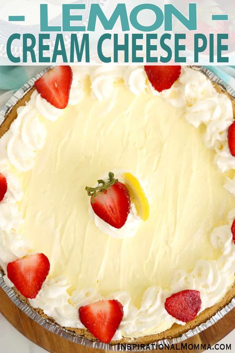 Lemon cream cheese pie is a bright, citrusy pie with a rich, creamy filling made with sour cream and cream cheese. It's so good. #inspirationalmomma #lemoncreamcheesepie #lemoncreamcheesepierecipe #lemonadecreamcheesepie #lemonadepie Lemon Cream Cheese Pie, Kool Aid Flavors, Cream Cheese Pie Recipes, Cool Whip Cookies, Lemonade Pie, Dessert Pasta, Dessert Pie Recipes, Cream Cheese Pie, Lemon Cream Cheese