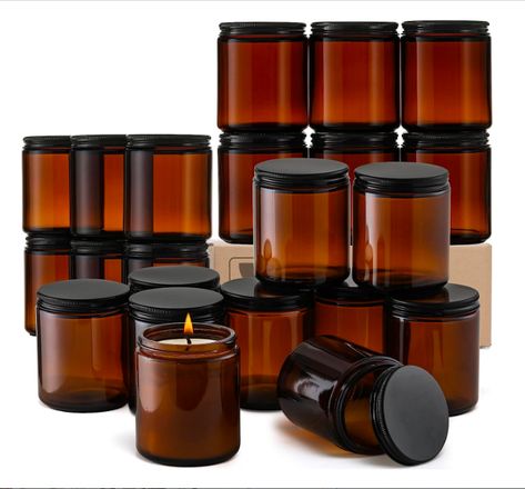 24 Pack, 8 OZ Thick Amber Round Glass Jars with Black Metal Lids - Empty Candle Making Jar, Food Storage Containers, Canning/Mason Jar For Spice, Powder, Liquid, Sample - Leakproof & Dishwasher Safe Candle Making Jars, Empty Candle, Mini Mason Jars, Baby Food Storage, Amber Glass Jars, Glass Jars With Lids, Glass Jar Candles, Canning Jars, Jar Lids