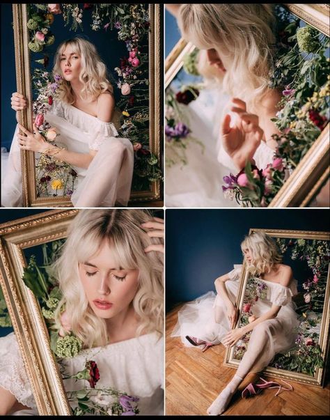 Flower Fashion Photography Editorial, Creative Spring Photoshoot, Whimsical Studio Photoshoot, Cottagecore Studio Photoshoot, Floral Frame Photoshoot, Photoshoot With Picture Frame, Spring Shoot Ideas Photoshoot, Aesthetic Studio Photography, Spring Equinox Photoshoot