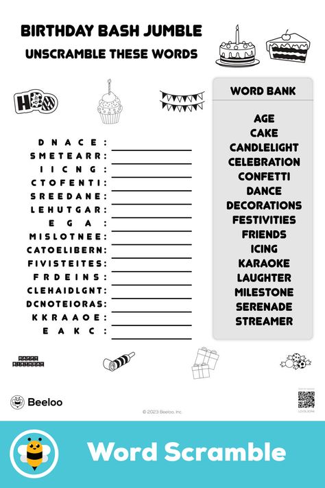 Advanced birthday-themed word scramble for kids ages 8 and up Word Scramble For Kids, Happy Birthday Theme, Crafts And Activities For Kids, Happy Birthday Cards Printable, Birthday Activities, Printable Ideas, Word Scramble, Word Bank, English Worksheets