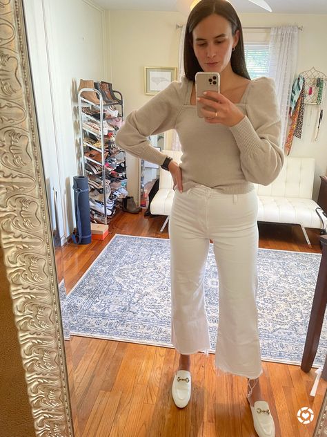 Cortney in a mirror selfie wearing an Oatmeal puff sleeve sweater, white cropped pants and white mules White Loafers Outfit Women Winter, White Mules Outfit Work, White Mule Outfit, Tan Mules Outfit, Mules Outfit Fall, White Mules Outfit, Mule Outfit, Mules Gucci, Corporate Girlie