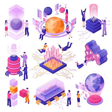 Modern future technologies isometric set | Free Vector #Freepik #freevector #tech-people #virtual-technology #reality #virtual Future Technology Design, Computer Character, Technology Illustration, Wallpaper Notebook, Technology Art, Isometric Design, Future Technology, Digital Artists, Set Free