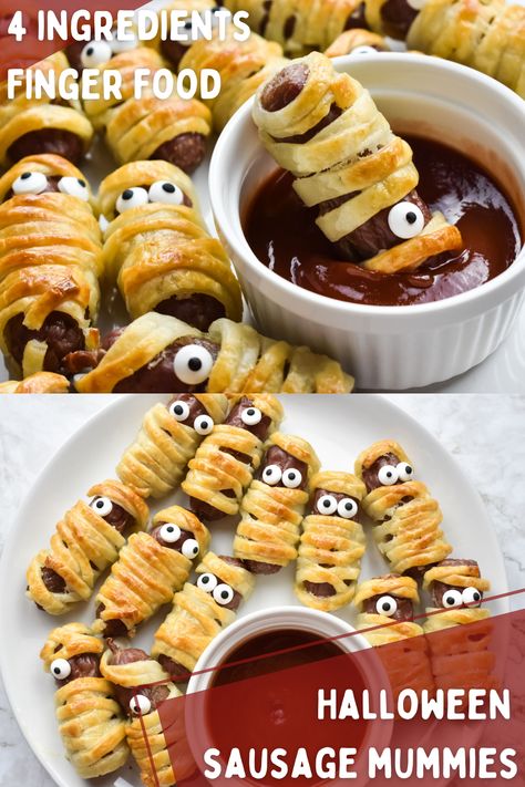 Mummy Sausage Rolls Halloween, Halloween Sausage Mummies, Halloween Sausage Fingers, Mummy Sausage Rolls, Halloween Nibbles Easy, Halloween Baking Savoury, Halloween Sausage Rolls, Halloween Starters Food, Savoury Halloween Party Food