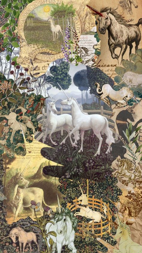 Vintage Unicorns #medievaltapestry #unicorn #vintage #medieval #mythical Unicorn Collage, Sequoia Forest, Unicorn Vintage, Green Academia, Medieval Aesthetic, Medieval Tapestry, Last Unicorn, Horse Wallpaper, Unicorn Wallpaper