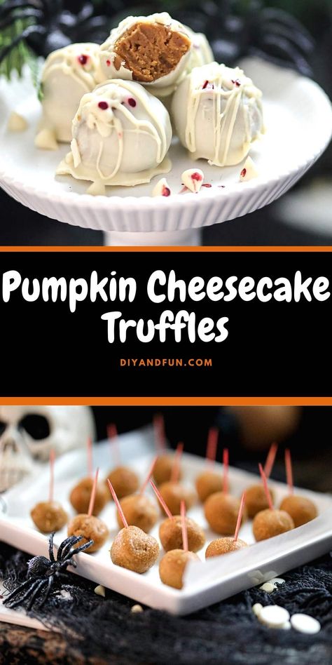 No Bake Pumpkin Cheesecake Truffles, a Halloween inspired dessert or treat recipe for truffle candy made with pumpkin. Pumpkin Cheesecake Truffles No Bake, Pumpkin Pie Cheesecake Truffles, Pumpkin Cheesecake Truffles, Halloween Truffles, Cheesecake Pumpkin, Pumpkin Truffles, Cheesecake Truffles, Dessert Truffles, No Bake Pumpkin