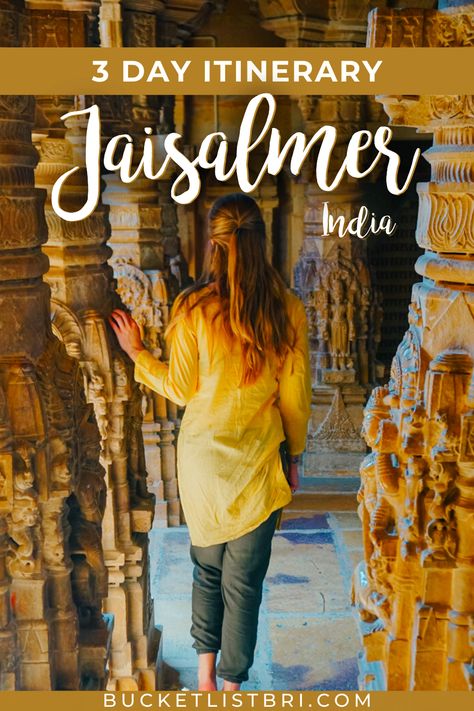 Jaisalmer, India' "Golden City" is one of the best places to visit in the northern state of Rajasthan. Here is the perfect 3-day itinerary for visiting the Golden City of Jaisalmer, India. Includes tips for visiting Jaisalmer Fort and camping out in the Thar Desert! Read more on Bucketlist Bri #jaisalmer #rajasthan #india #indiatravel #jaisalmerfort #thardesert #camelsafari | jaisalmer travel guide rajasthan india | camping in the thar desert | jaisalmer fort | india travel guides Jaisalmer Travel, Jaisalmer Fort, Thar Desert, India Travel Guide, Golden City, Jaisalmer, Travel Locations, Ancient City, Rajasthan India