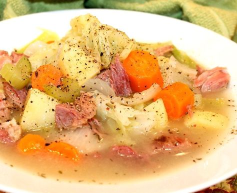 Boiled dinner - cabbage & ham stew -use ham shoulder or ham butt if you cannot find ham shanks Cabbage And Potato Soup, Ham Cabbage, Cabbage Potato Soup, Ham And Cabbage Soup, Ham And Cabbage, Boiled Ham, Boiled Dinner, Cabbage And Potatoes, Ham Soup