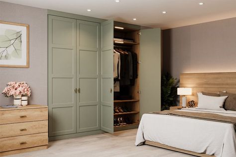 Unique Wardrobe Design, Green Fitted Wardrobes, Fitted Wardrobe Doors, Light Green Bedrooms, Alcove Wardrobe, Wardrobe Design Ideas, Fitted Wardrobes Bedroom, Bedroom Wardrobe Ideas, Fitted Wardrobe