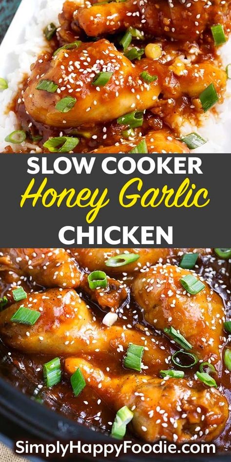 Slow Cooker Honey Garlic Chicken is a sweet and savory Asian inspired chicken recipe. This delicious slow cooker chicken recipe has lots of honey and garlic, as well as other yummy ingredients. This crock pot honey garlic chicken recipe is done in just a few hours! simplyhappyfoodie.com Honey Garlic Chicken Crock Pot, Honey Chicken Crockpot, Asian Inspired Chicken, Crock Pot Honey Garlic Chicken, Garlic Chicken Crockpot, Slow Cooker Chicken Stroganoff, Garlic Chicken Slow Cooker, Sweet Garlic Chicken, Slow Cooker Chicken Recipe