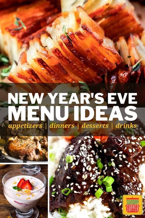 Ring in the new year with my collection of the best New Year's Eve Menu Ideas! From appetizers and dinner to drinks and dessert, these recipes are everything you need to throw an unforgettable party for New Year's Eve. via @thesundaysupper New Years Eve Menu Ideas, Party Main Dish, New Years Day Dinner, Nye Food, New Years Dinner Party, New Years Eve Menu, New Year's Eve Dinner, New Years Eve Party Ideas Food, Nye Dinner