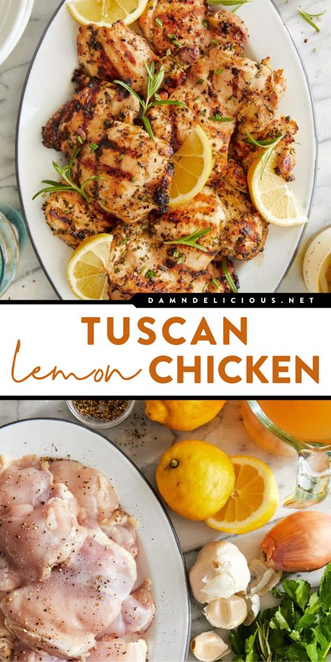 Look forward to this easy spring meal! Grilled in an olive oil marinade with rosemary, thyme, and garlic, this Tuscan lemon chicken recipe is tender, juicy, and flavorful. Put this Tuscan chicken on your springtime dinner ideas! Tuscan Lemon Chicken, Olive Oil Marinade, Lemon Chicken Thighs, Lemon Chicken Recipe, Spring Dinner, Tuscan Chicken, Chicken Dishes Recipes, Mediterranean Diet Recipes, Spring Recipes