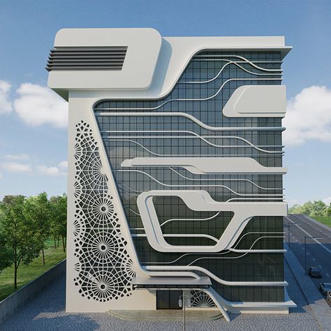 This original concept by Naser and Taher Nasiri was designed as an office space for a gas company. However abstract, the concrete and glass and steel facade immediately reflects the iconic piped aesthetic associated with refineries architecture Commercial Design Exterior, مركز ثقافي, Commercial And Office Architecture, Facade Architecture Design, Gas Company, Office Building Architecture, Modern Architecture Building, Architecture Design Drawing, Skyscraper Architecture