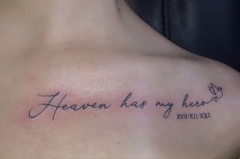 #heavenhasmyhero #tattoo #tattoofordad #tattoofordeceaseddad #heaven #tattoosforwomen #tattooideas #tattoodesign #minimalistictattoo #smalltattoo #smalltattooideas #ink The Ones That Love Us Tattoo, Heaven Has My Hero, Dad Remembrance Tattoos, Tattoos For Dad Memorial, Heaven Tattoos, Remembrance Tattoos, Western Tattoos, Spine Tattoos For Women