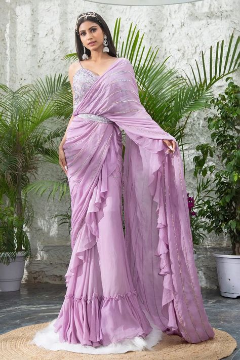 Lavender Ruffle Saree, Reception Saree For Bride Sister, Cocktail Sarees, Lavender Saree, Frill Saree, Ruffled Saree, Kajol Saree, Saree Gowns, Cape For Women