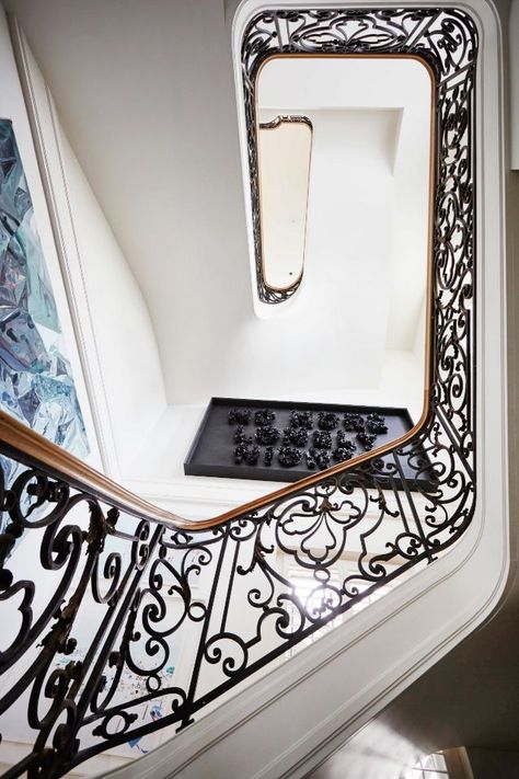 elaborate iron stair case Railings For Stairs, Painted Stair Railings, Black Stair Railing, Rustic Stairs, Modern Stair Railing, Coastal Color Palette, Wood Handrail, White Stairs, Built In Banquette