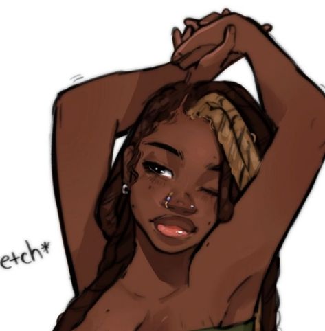 Poc Female Oc Art, Iconic Black Cartoon Characters, Pretty Black Women Drawings, Poc Drawings Girl, Poc Drawings Female, Y2k Dreadheads Drawing, Black Ppl Drawing, Brown Skin Drawing, Black Skin Drawing