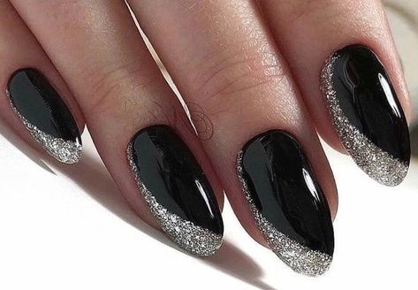 Black And White Bridal Nails, Nails Black Almond, Black Almond Nails Designs, Black Sparkle Nails, Black Prom Nails, Black Silver Nails, Sparkly Acrylic Nails, Nail Nail Designs, Black Almond Nails